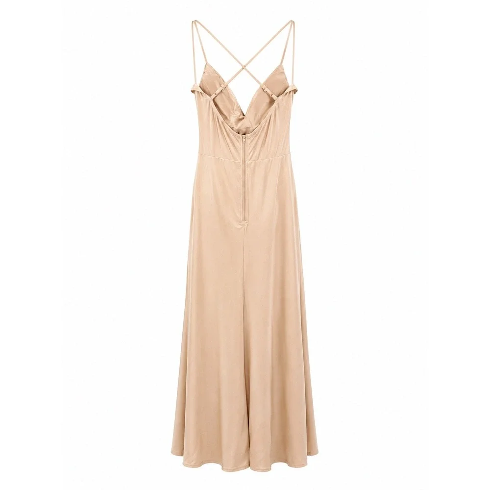 Windsor Champagne Satin Cowl Neck Corset Midi Dress M Cross Back Formal